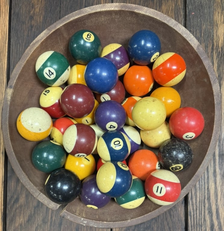 Primitive Wooden Bowl w/ 34 Billiard Pool Balls (1 of 7)