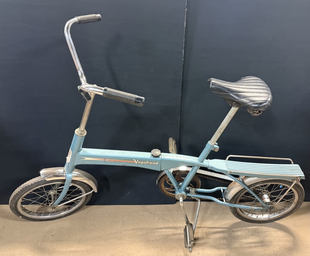 Vagabond Original Firestone Folding 1950s Bicycle: Incredible find!!!! Neat folding bicycle. 64" x 27? x 23? handle bar width - wheels are 16? diameter and front has a bulging tire. They hold air but appear to have a slow leak.