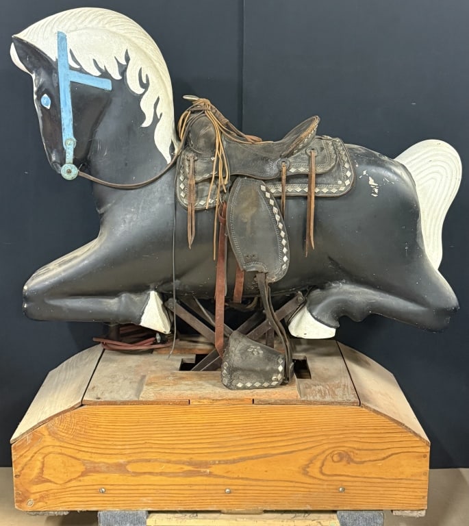 1950s Horse Pony Kiddie Ride: Great original working grocery store pony ride! Pull back on the reigns and it kicks into hyper mode. Measures 18" x 49? x 53? tall