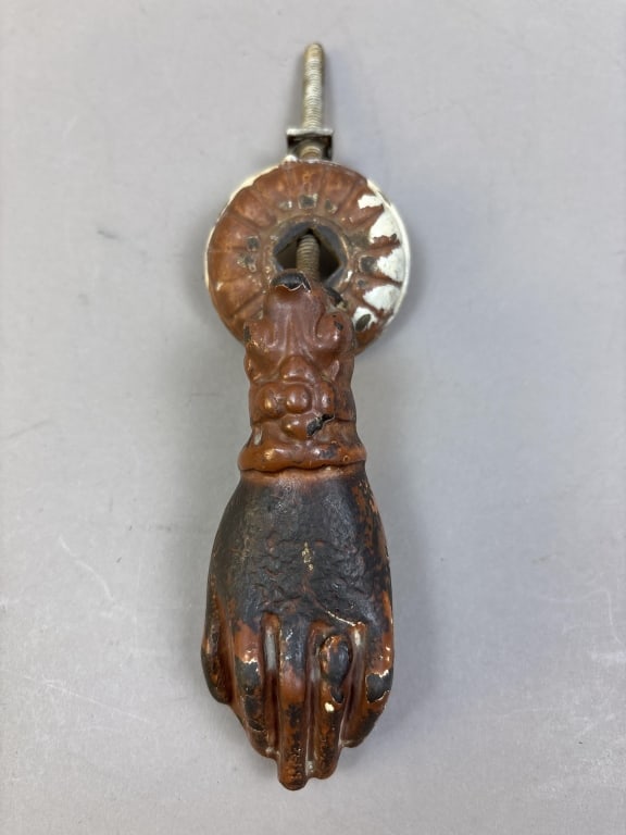 Antique Metal Hand Door Knocker w/ Hardware: Please make sure you view all photos and ask any questions you may have! Great original collectible item. This is day 1 of our 2 day one owner auction event. Thanks and have a great day! Holler &