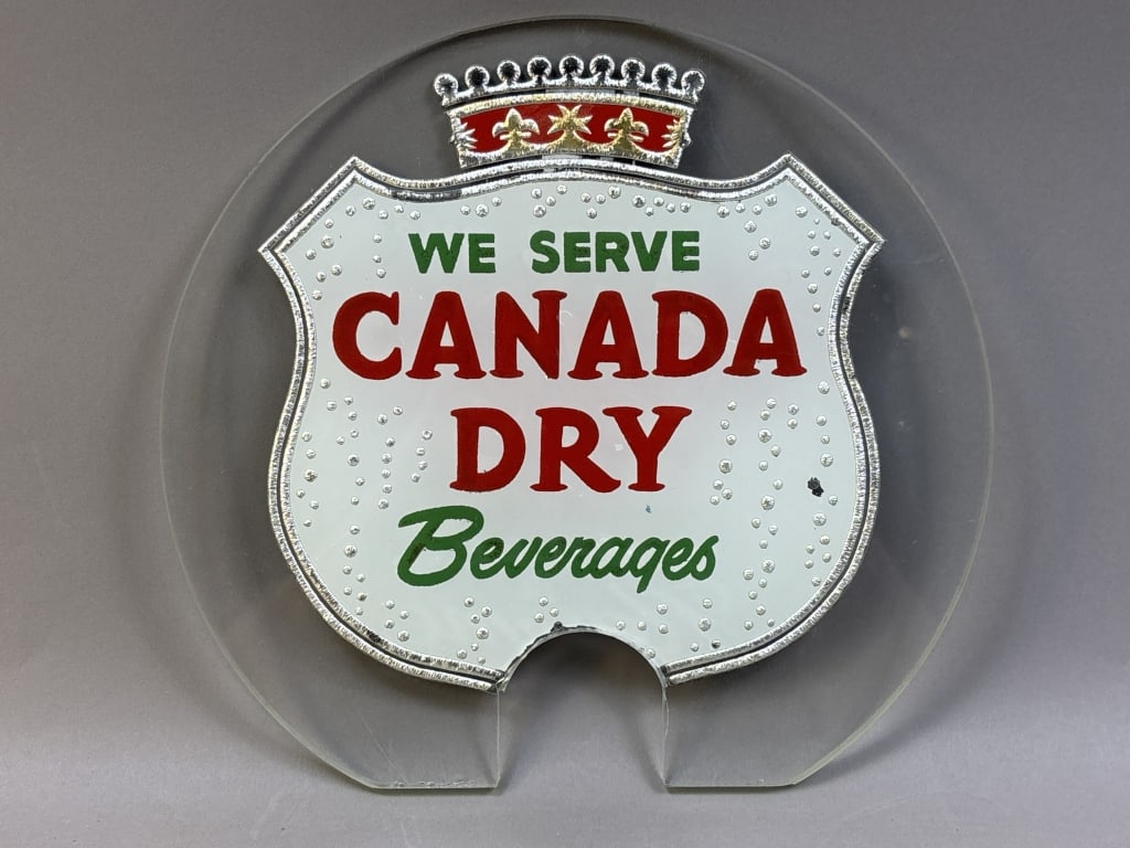 We Server Canada Dry Beverages Glass Sign: Please make sure you view all photos and ask any questions you may have! Great original collectible item. This is day 1 of our 2 day one owner auction event. Thanks and have a great day! Holler & Hamm