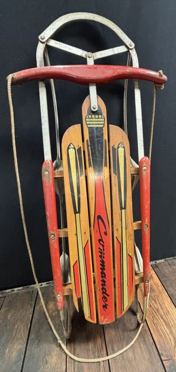 Antique Vtg Art Deco COMMANDER Wooden Sled: Great original sled. Measurements in photos.