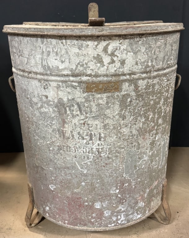 Antique Fire Proof Galvanized Garbage Can: Has an incredible look! From a factory for old rags!!! Fire proof. 28" tall x 22" wide