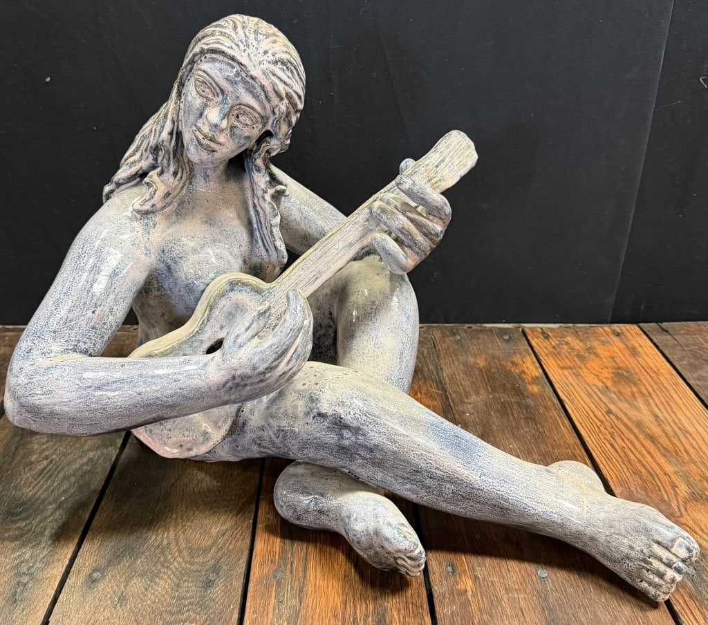 Vintage MCM Nude Woman Playing Guitar Sculpture: Incredible nude woman playing guitar. Measurements in photos.