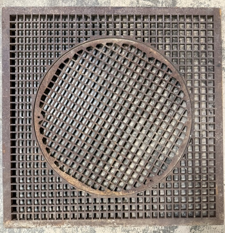 Antique Cast Iron 37"x37" Sewer Grate Drain Cover: Incredible early cast iron drain cover.