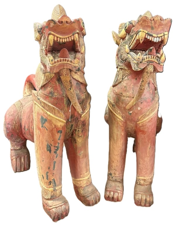 1800s Pair Tibetan Painted Wood Foo Dragons RARE: Incredible early pair of Tibetan Foo Dragons. 49" tall x 33" deep x 19.5" wide base.