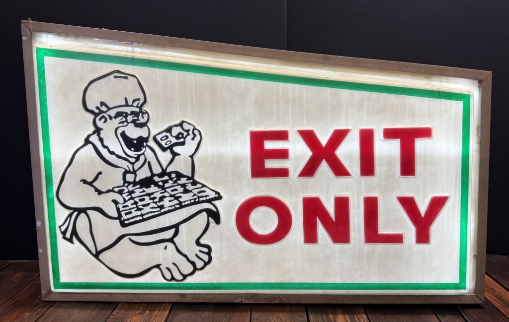 EXIT ONLY Plastic 2 Sided Lighted Bear Pizza Sign: Great original sign. 49" wide x 31" tall x 10" wide