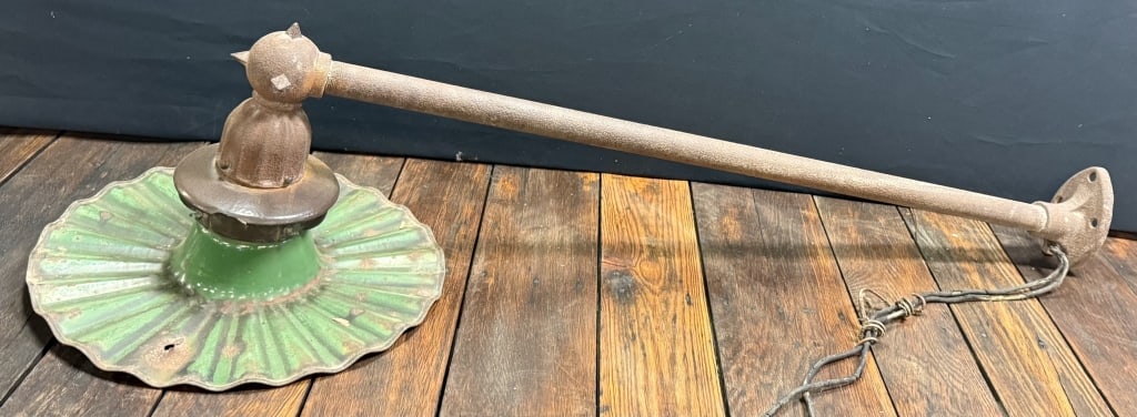 Antique Cast Iron Green Porcelain Gas Station Lamp: 60 inches overall x 20 inches diameter shade x 14 inches tall - untested