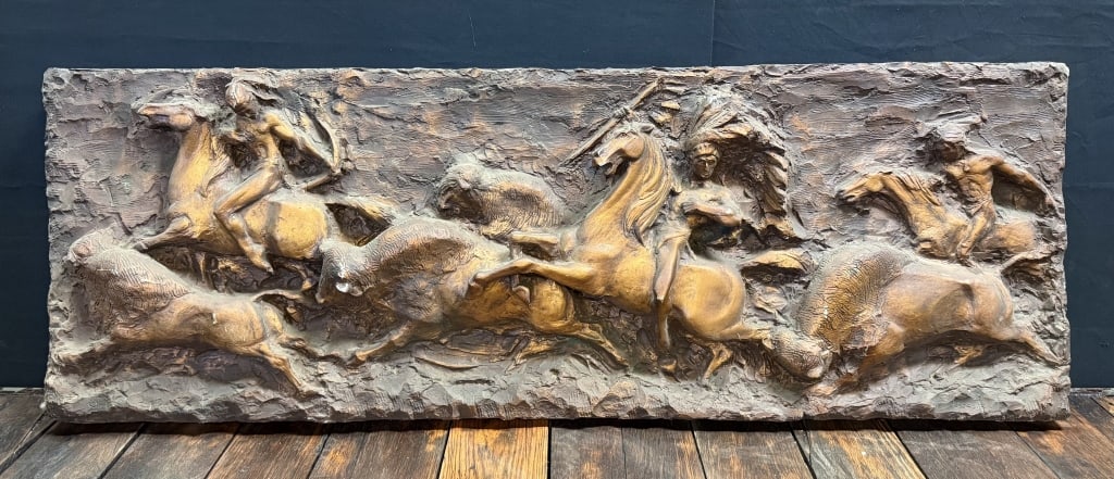 J. Segura Brutalist MCM Indian Chief Buffalo Art: Here is an incredible 1960s brutalist mid-century modern wall art piece by J Segura. Roughly 60 inches x 22 inches tall. Scene is depicting native American Indian chief on a hunting expedition of