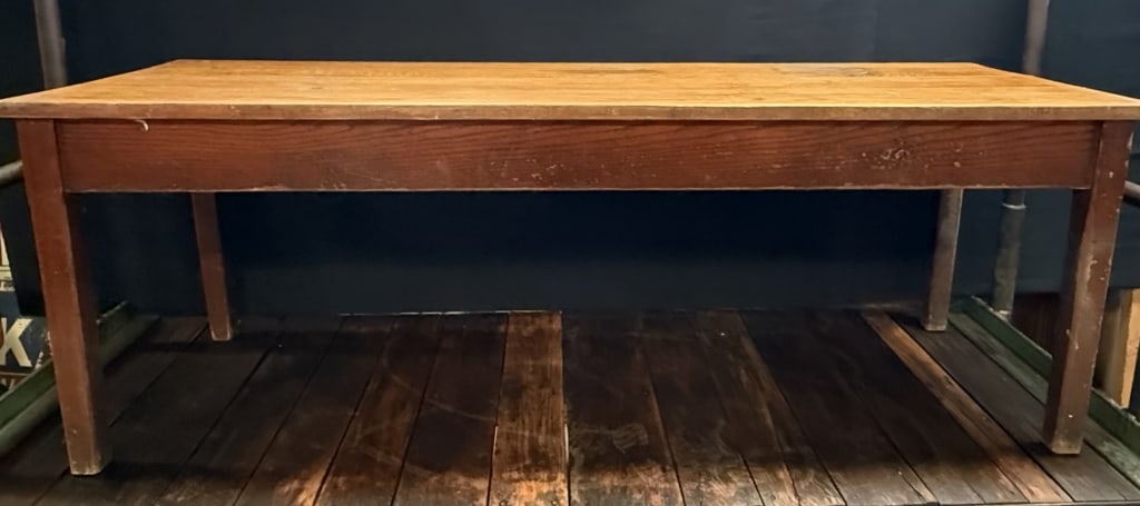 Antique Solid Oak 1920s School House Table: 84 inches x 28 inches tall x 30 inches tall x 23 inches to bottom of skirt
