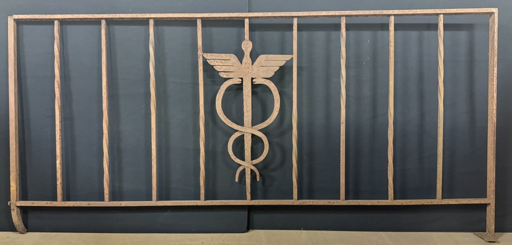 Caduceus Medical Hospital Iron Fence Railing: 66 inches wide x 31 inches tall - width of wings are 12.5 inches x 21 inches tall
