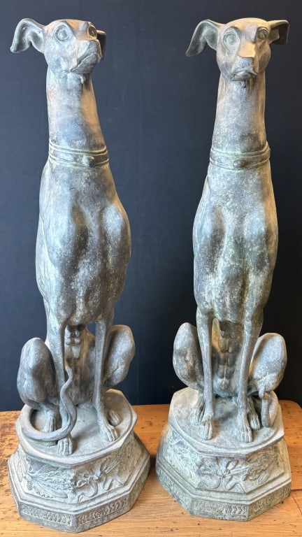 Pair 32" Cast Bronze Monumental Whippet Statues: There is an opportunity at an extremely incredible pair of monumental cast bronze hollow whip it dogs. The stand roughly 32 inches tall by 10 inches wide by 10 inches deep. These cast beauties are