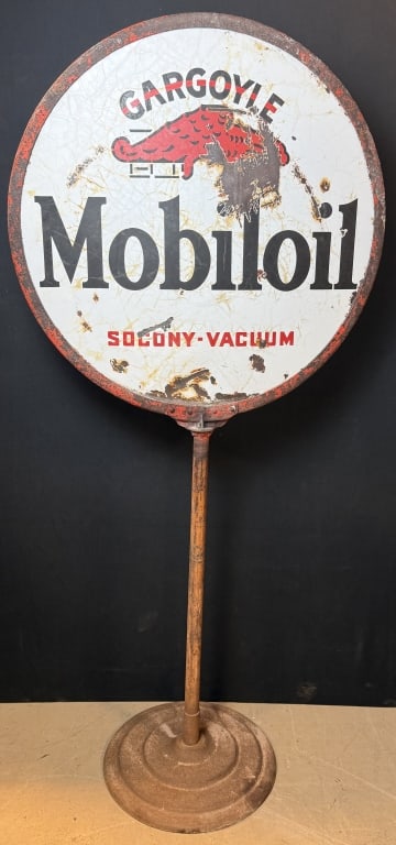 Mobiloil Gargoyle DSP Porcelain Curbside Sign: There is an opportunity very early 1930s Mobil oil Saccone vacuum with the gargoyle 30 inch lollipop curbside sign. Patina on both side sides as shown. See all photos.