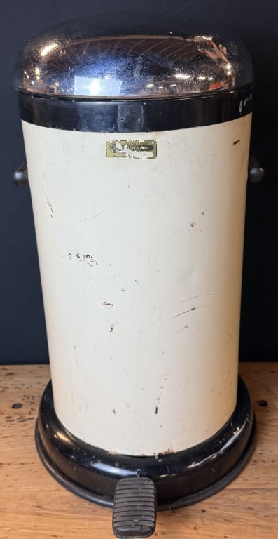 Antique German 20s-30s Sanitary Garbage Can: Here is an incredible art Deco era garbage can with floor lever lift. Made in Germany. Stand roughly 22 inches tall x base diameter of 12 inches.