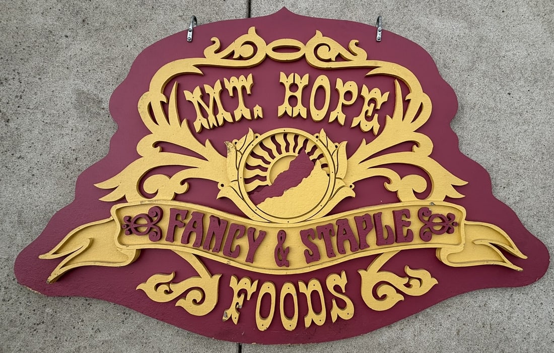 MT HOPE Fancy & Staple Foods Original 1970s Sign: Great original wooden advertising sign for a health food store in Mt Hope Michigan, circa 1970s. Measures 66 inches x 42.5 inches roughly