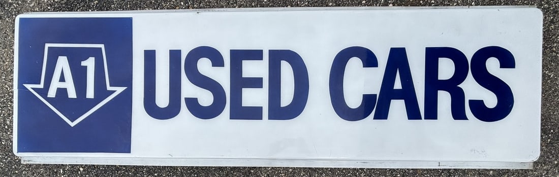 A1 USED CARS Ford Plastic Dealership Lighted Sign: 95.5" x 29" x 3.5" - cracked as shown