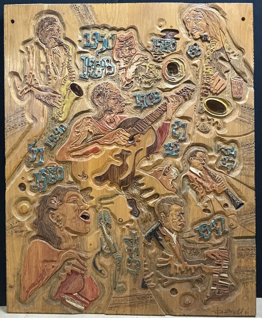 David Fischel 1980 Carved Musician Wall Art Plaque: Talk about a historically significent piece. This was made by David Fischel in 1980 for Ann Arbors finest partying location, "SECOND CHANCE" bar, which later became the Nectarine Ballroom and today