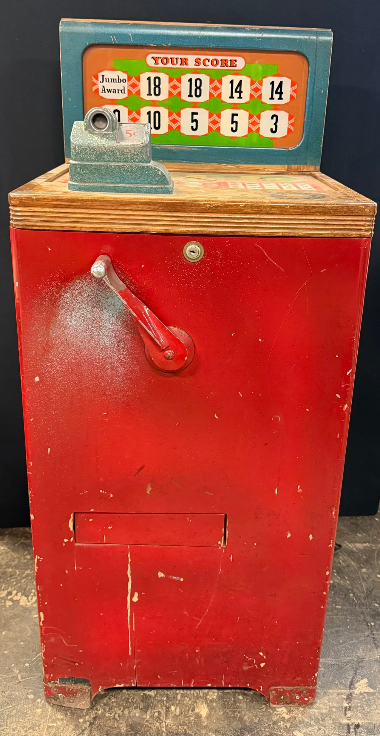 Mills Novelty 40s Jumbo Parade 5 Cent Slot Machine Game: 50 inches tall at back x 21.5 inches wide x 20 inches deep. WORKS AS IT SHOULD!
