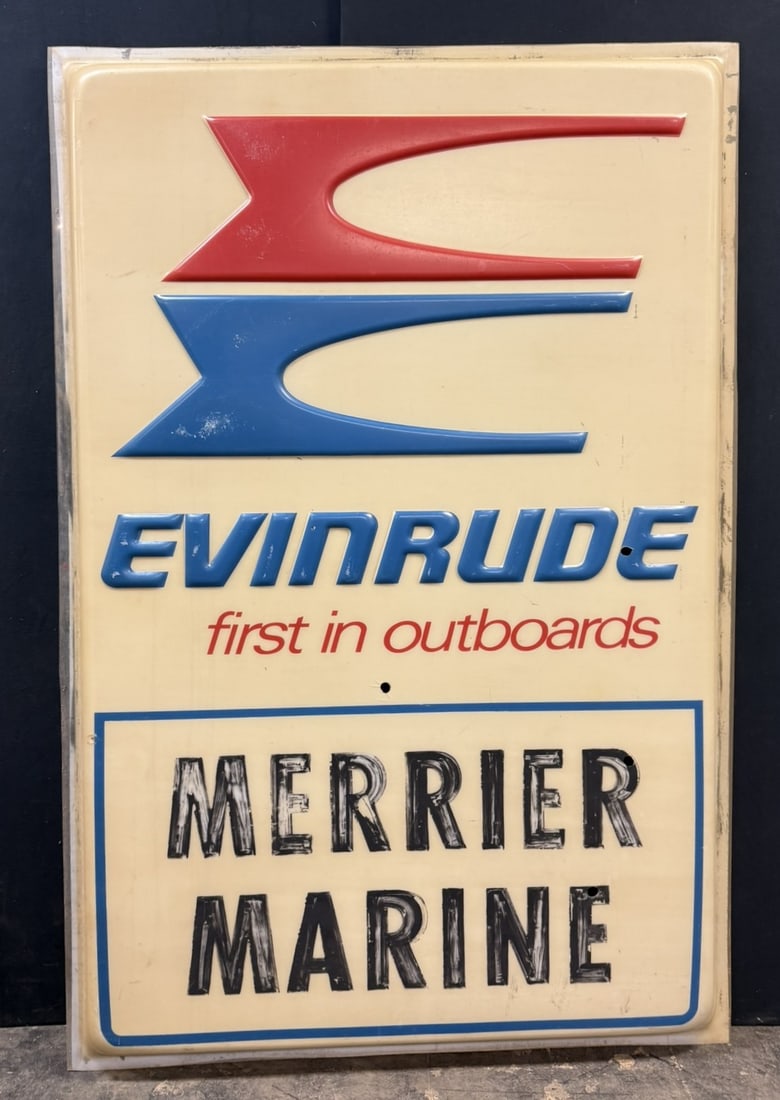 Evinrude First Outboards Merrier Marine Plastic Sign: One hole in middle as shown. Measures 72 inches tall x 48 inches wide roughly.