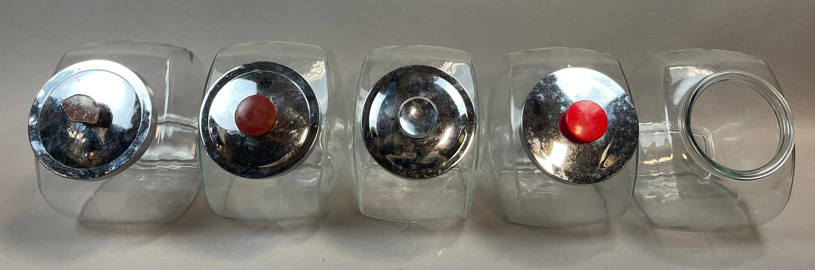 5 Original Glass General Store Candy Dispensers Containers: Great original lot of 5 glass containers. Measurements in photos.