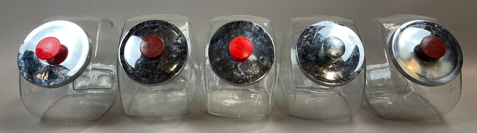 5 Original Glass General Store Candy Dispensers Containers: Great original lot of 5 glass containers. Measurements in photos.
