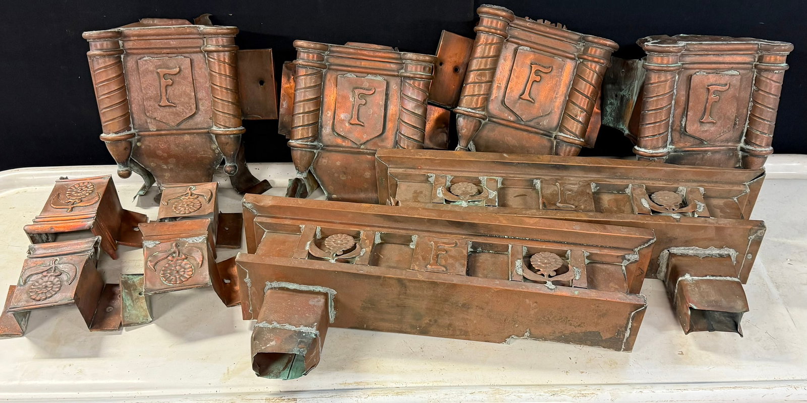 Antique Fisher Body Lot Solid Copper Art Deco Gutter Spouts: Incredible FISHER BODY family original "F" embossed copper gutter down spouts. Measurements in photos.
