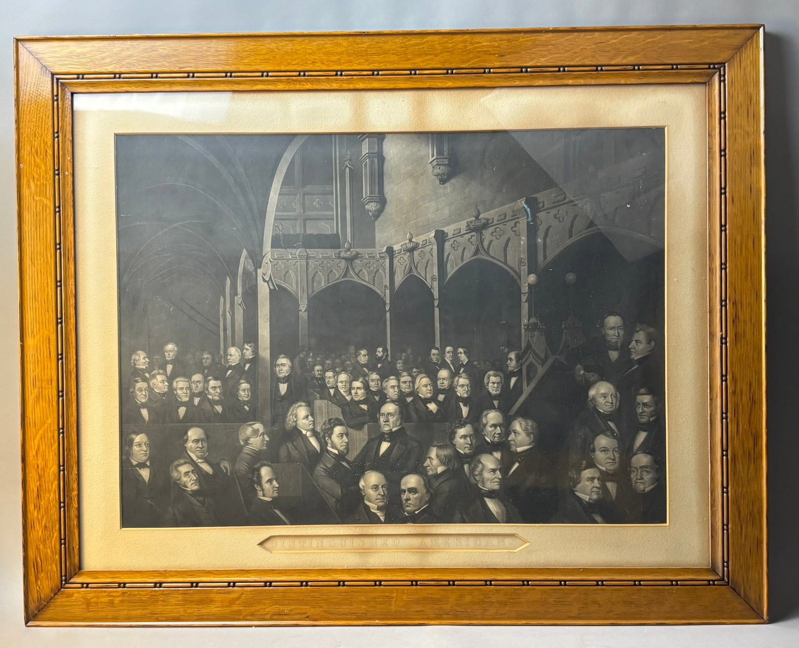 Antique Distinguished Americans Oak Framed Lithograph: 42 inches wide x 32.5 inches tall. Great original frame job.