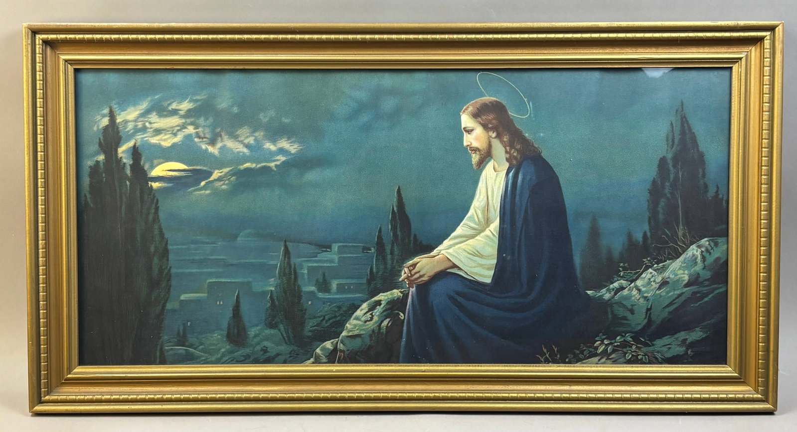 Antique 33x17 Framed Jesus On The Mount Of Olives Print: 33.5 inches wide x 17.5 inches tall