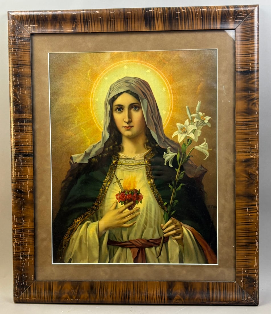 Antique Framed 25x21 Art Deco Mother Mary Litho Print: Great original art deco era framed Jesus Print.
