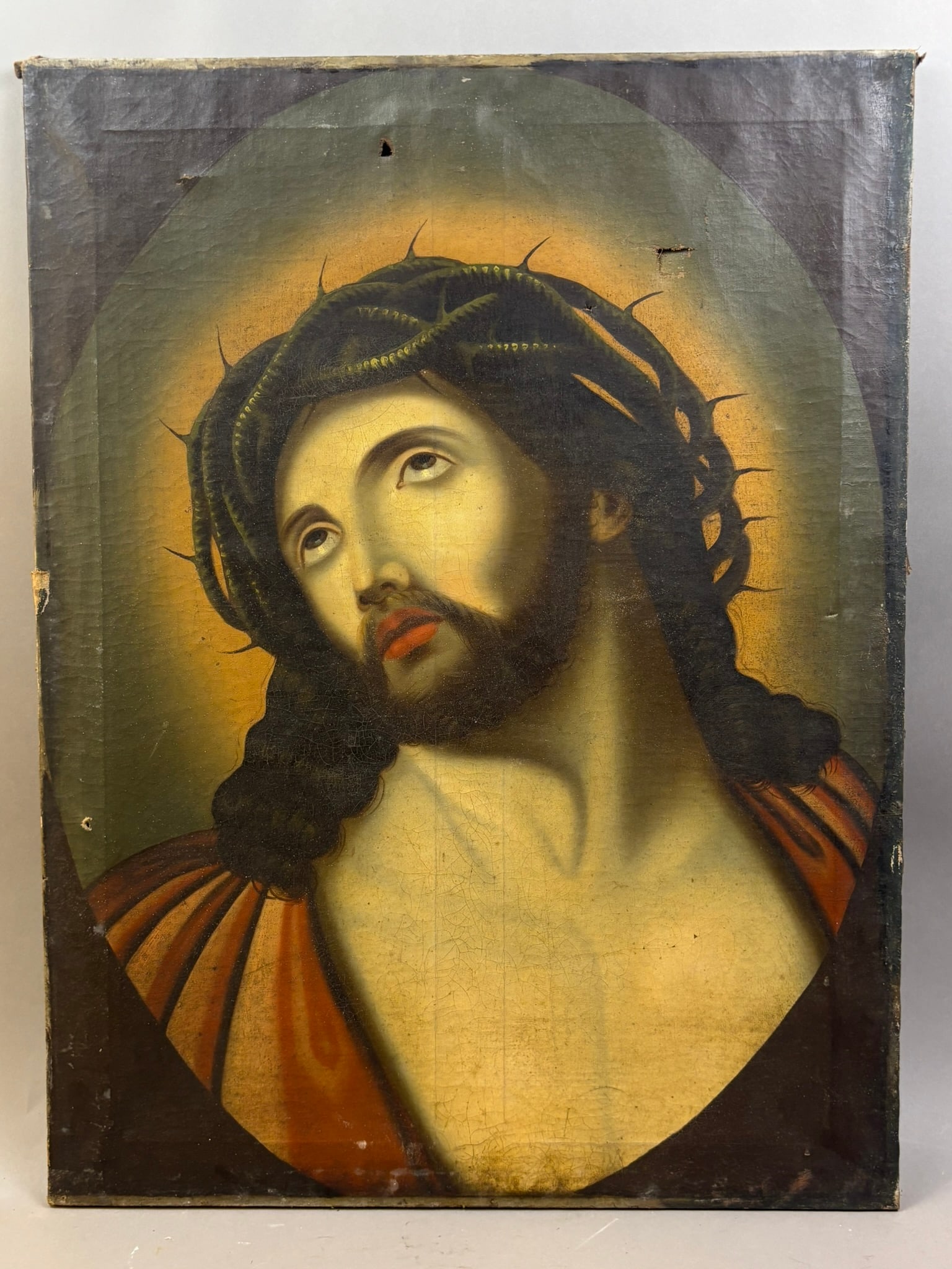 Antique Original Folk Art Painting Jesus Christ Guido Reni: 25.5" x 19.25" overall - see all photos - wear as shown on the back. Appears to be a very similar liking to Guido Reni.