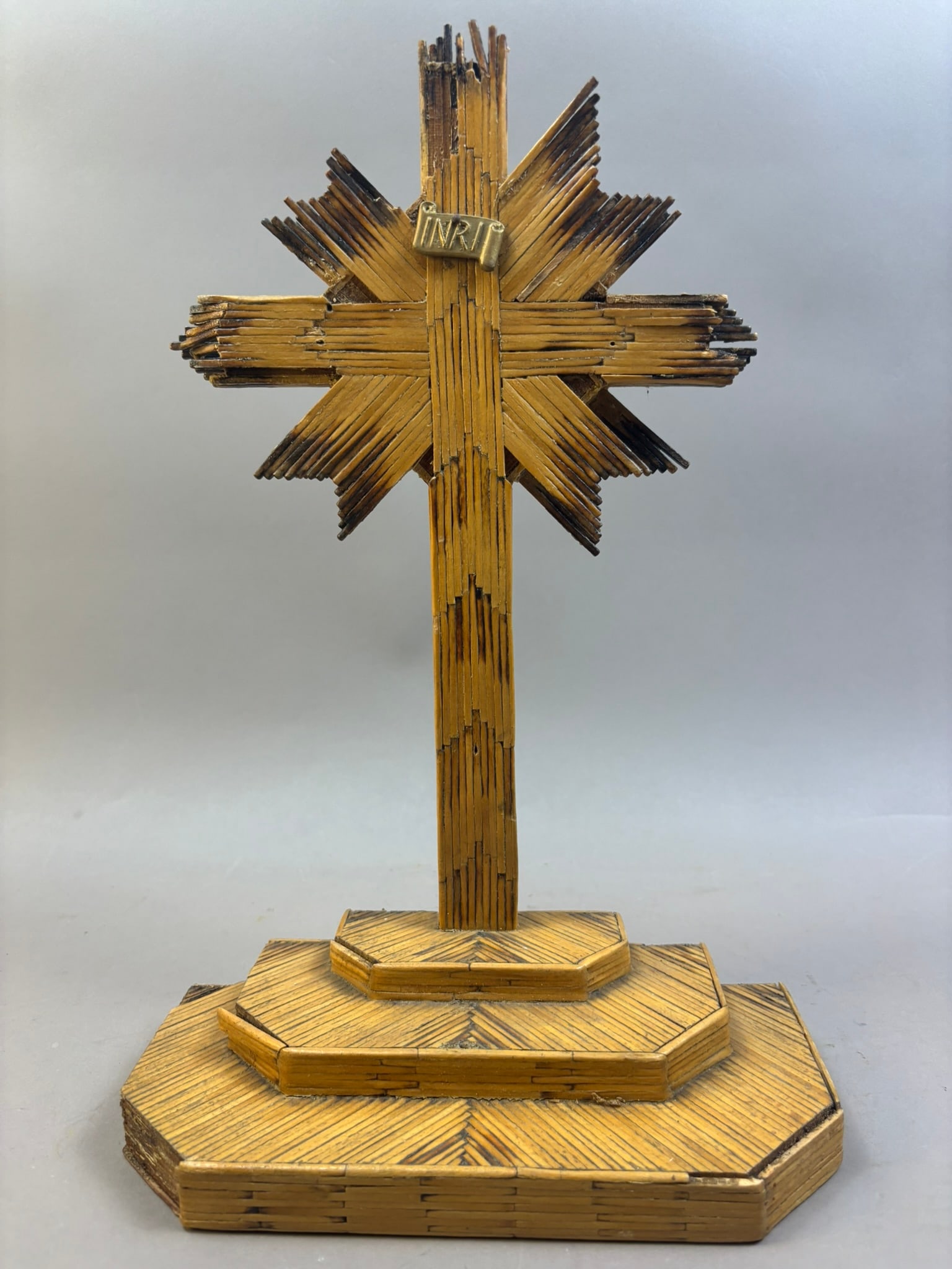 Antique INRI Original Folk Art Toothpick Tramp Art Cross: 9 inches wide x 14.5 inches tall