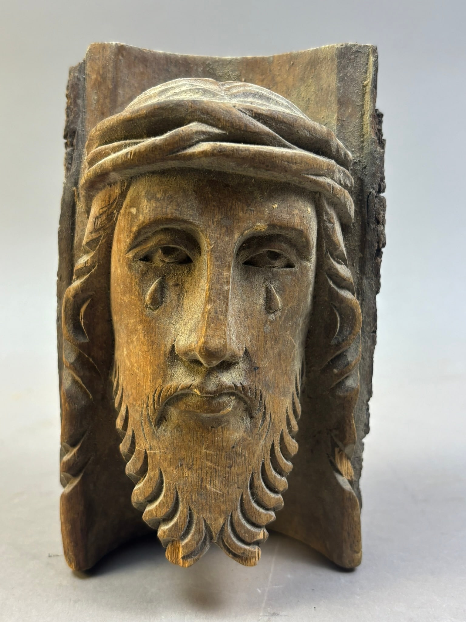 Antique Hand Carved 7" Wooden Jesus Christ w/ Tears: 7" tall x 4" wide