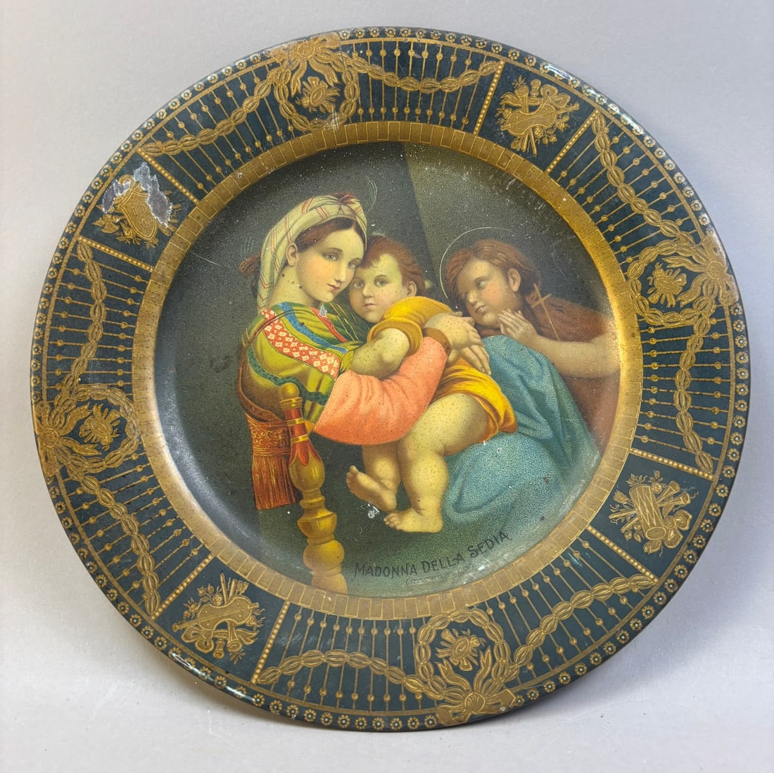 1900s Tin Litho Vienna Art Plate Mother Mary Baby Jesus: Great original plate. See all photos.