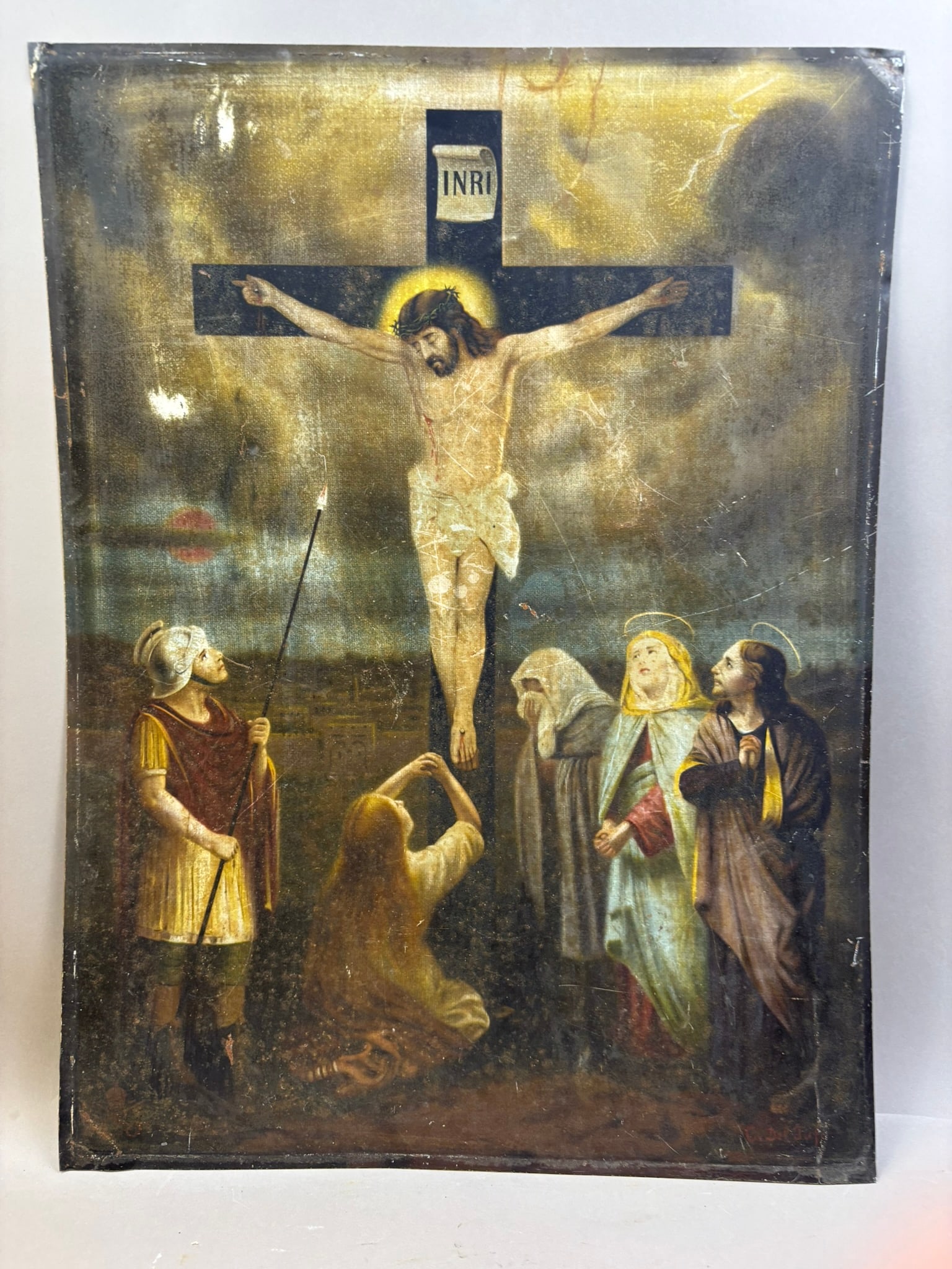 Antique C. Del Tufo Crucifixion of Christ Tin Lithograph: Great original lithograph on metal. 23.5 x 17.5