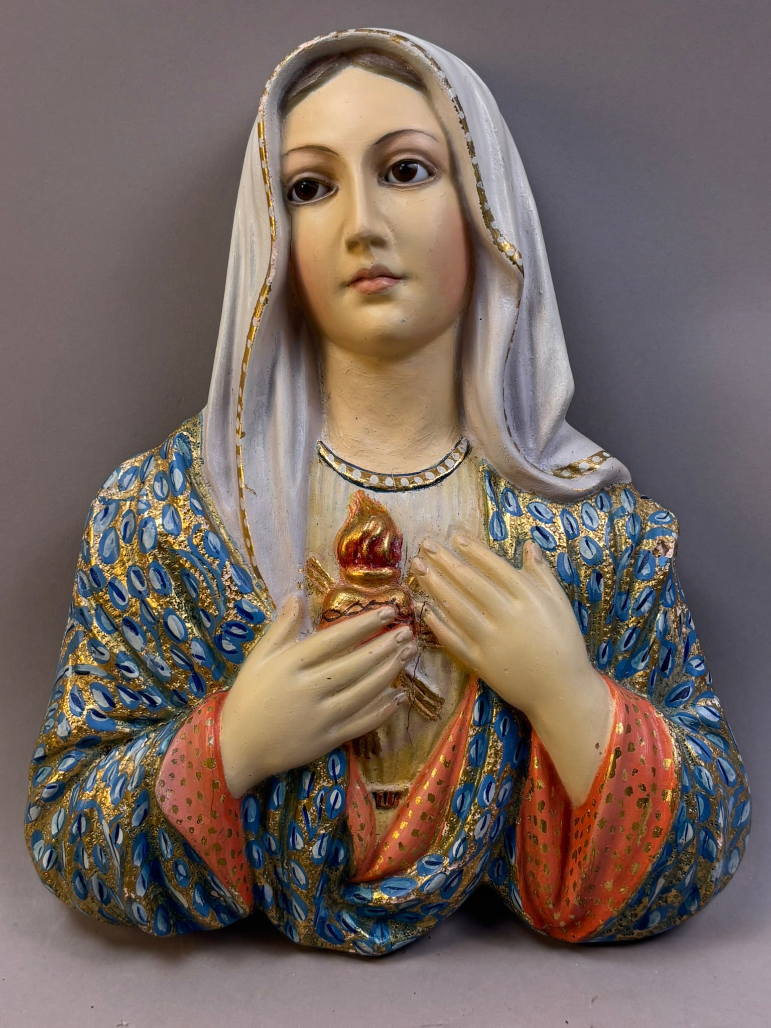 Made In Spain Mother Mary Wooden Paste Wall Statue: 8.5 x 11.5