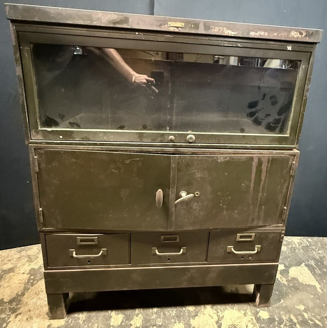 1950s Steelcase Military Green Metal Barrister Cabinet: 36 wide x 44 tall overall