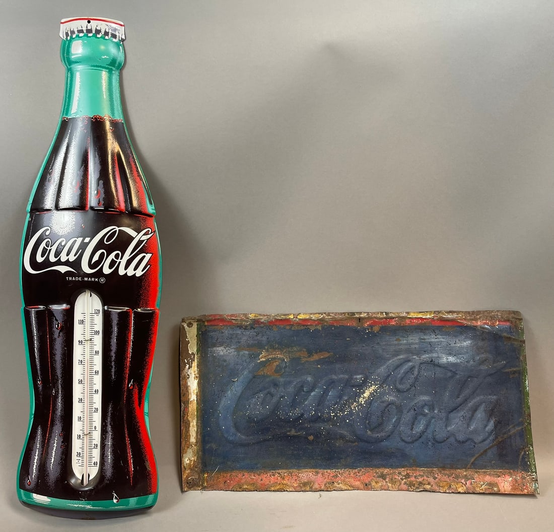 Pair Original Coca Cola Cooler Sign & Thermometer: See all photos