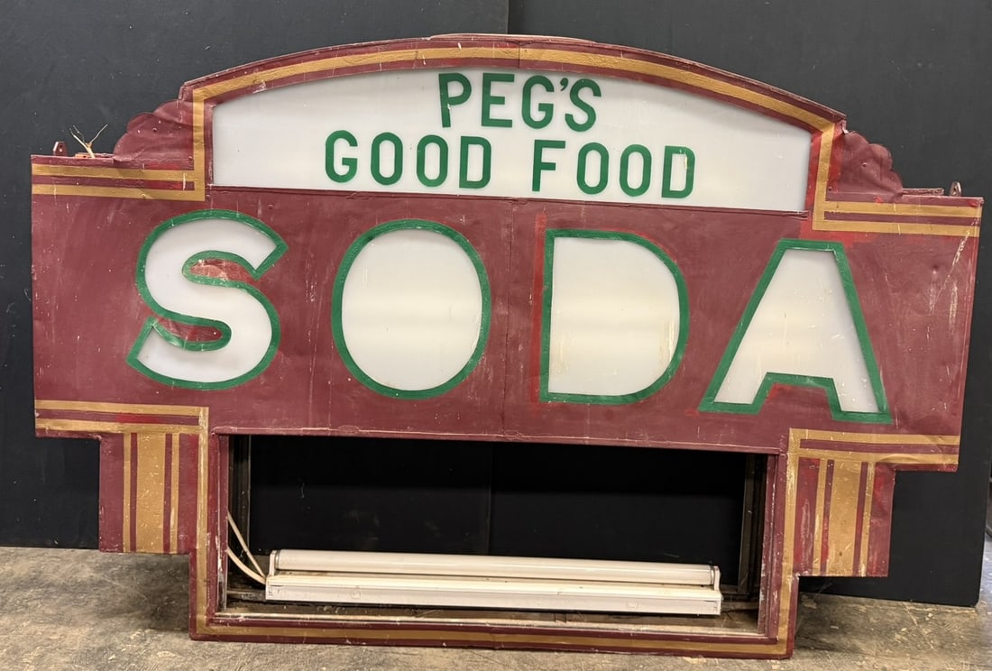 Antique 1930s SODA Fountain Lighted Advertising Sign: Great original 1930s era sign that was repurposed later in its life. Fluorescent bulbs do work when hard wired. Measures 69.5" wide x 47" tall x 7" deep