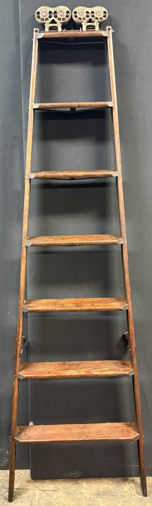 Original Antique 7 Stair Library Ladder w/ Queen Cast Hdw: See all photos