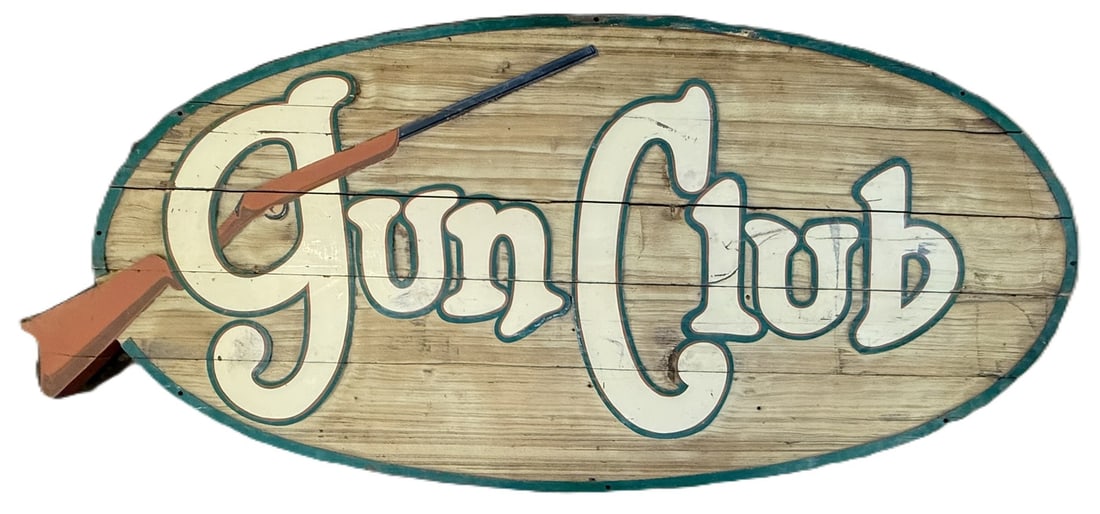 Massive 93" Gun Club Carved Wooden Store Sign: Incredible 93" wide x 42" tall - see all photos