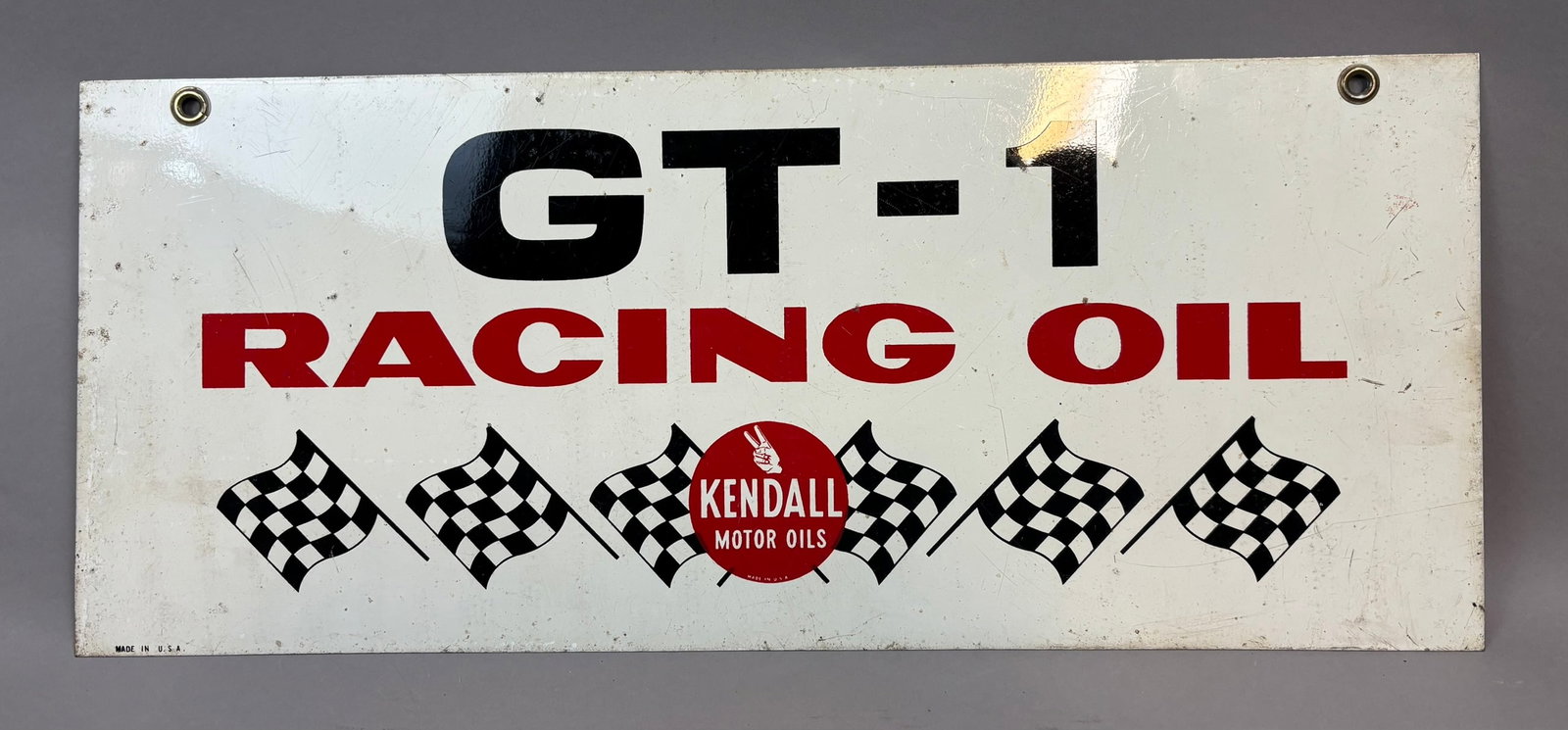 Kendall GT-1 Racing Oil DST Tin Hanging Rack Topper Sign: 24x10