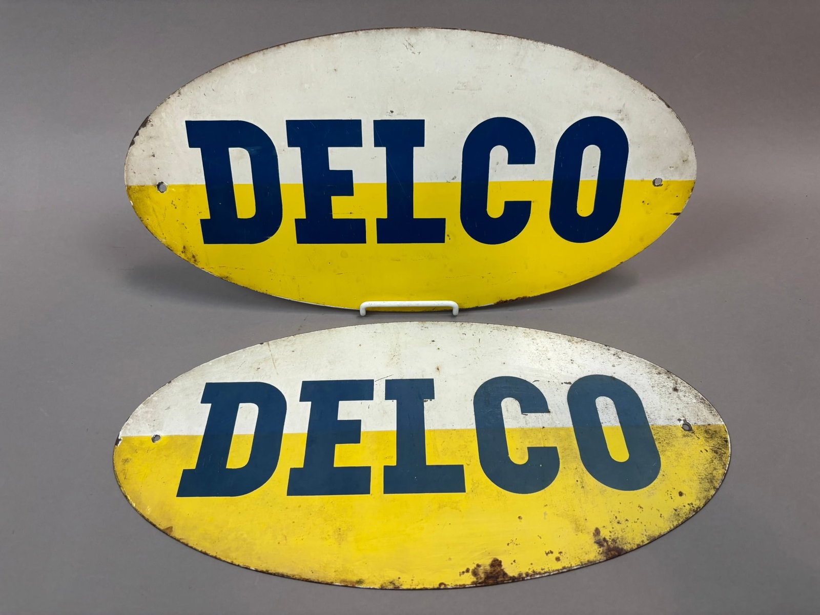 Pair DELCO SST Tin Metal 16" 1960s Store Display Rack Signs: 16x8