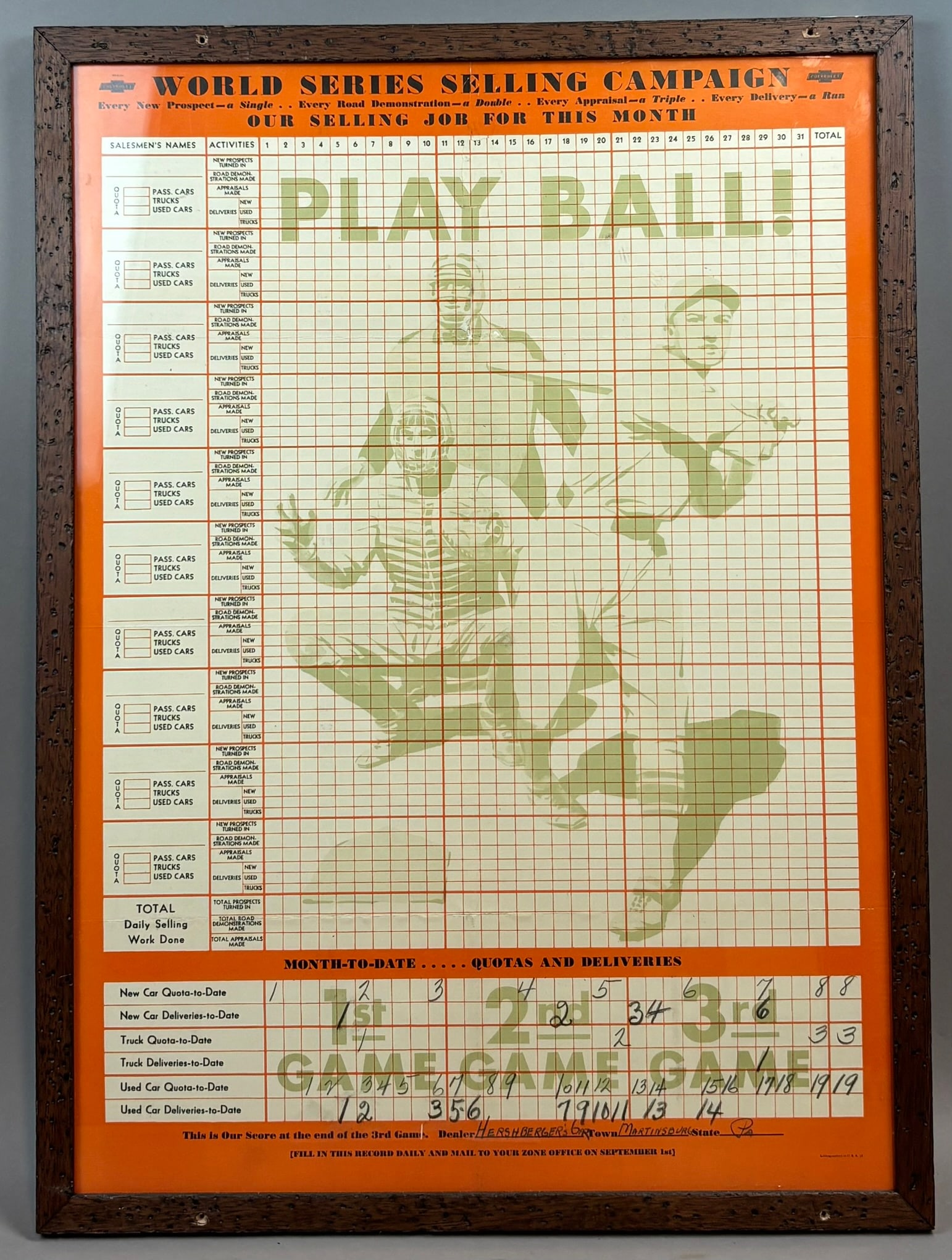 Antique 1931 Chevrolet Play Ball Baseball Dealer Advertising: 22.5" x 30.5"
