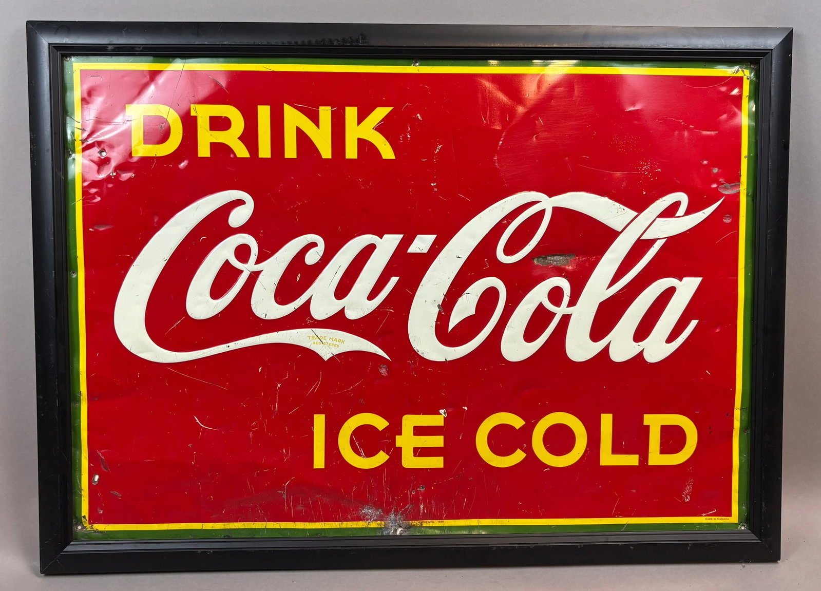 Drink Coca Cola Ice Cold SST Tin 1939 Soda Sign Canada: 29.5" x 21.25"