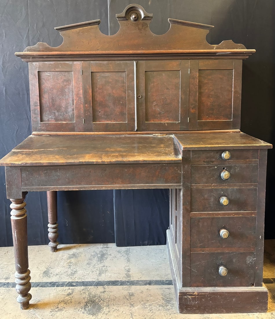 Antique 1890s Original 2 Piece Wooden Post Office Desk: Top just sets on top of base. The flip top lid needs glue to right side hinge as shown. 52" wide x 25" deep x 50" tall - wooden top was replaced with a 500 ft ahead sign years ago!