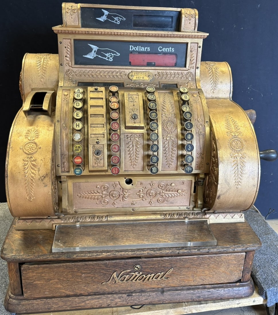 Antique Brass National Electric Cash Register Model 442-E: Untested - Great original electric hand crank register.