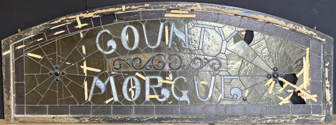Antique County Morgue Stained Glass Window w/ Spider Webs (1 of 19)