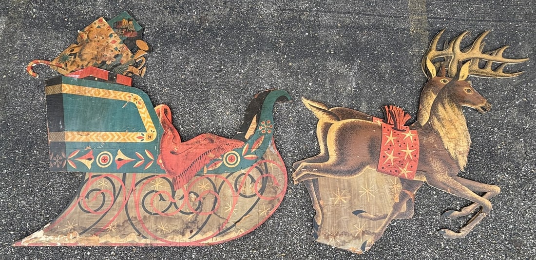 40s Santa Sleigh w/ Reindeer Paper On Plywood Store Display (1 of 12)