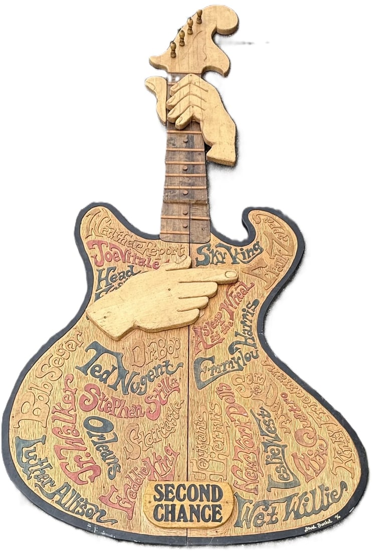 1976 David Fischel Carved 17.5' Second Chance Bar Guitar: Talk about one of the asbolutely coolest items we have ever had the opportunity sell. This is a David Fischel carved 17.5 foot tall guitar that was made for the Second Chance Bar in Ann Arbor in 1976.