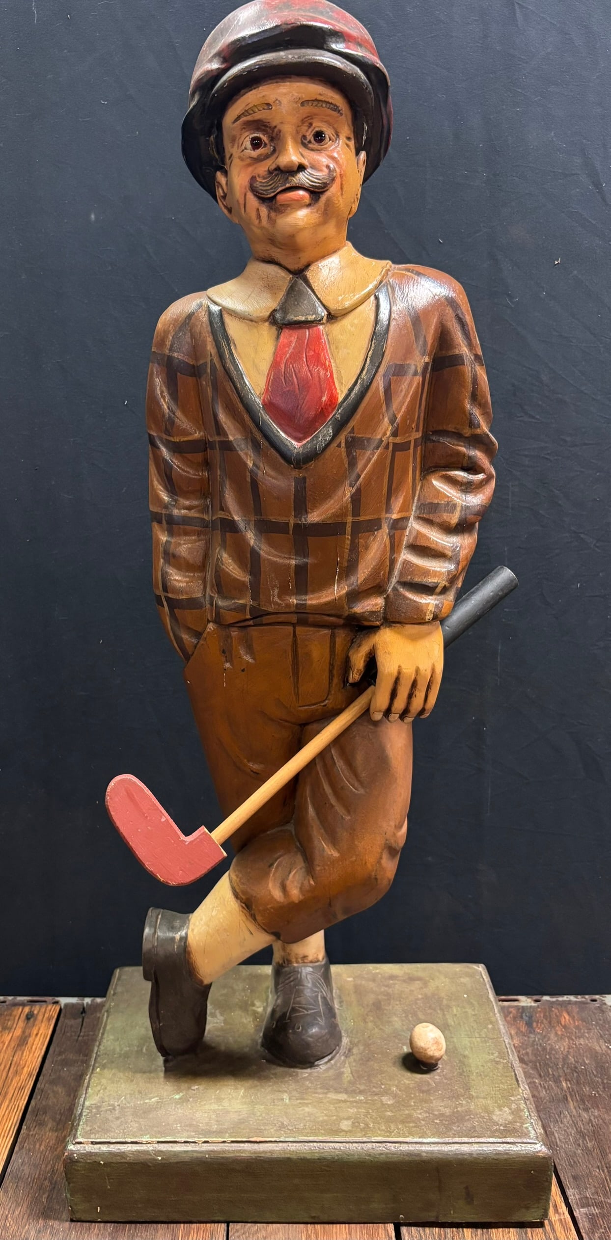 Folk Art Carved Wooden 40" Tall Golfer Statue Golfing Man: 17" wide x 11" deep x 40" tall